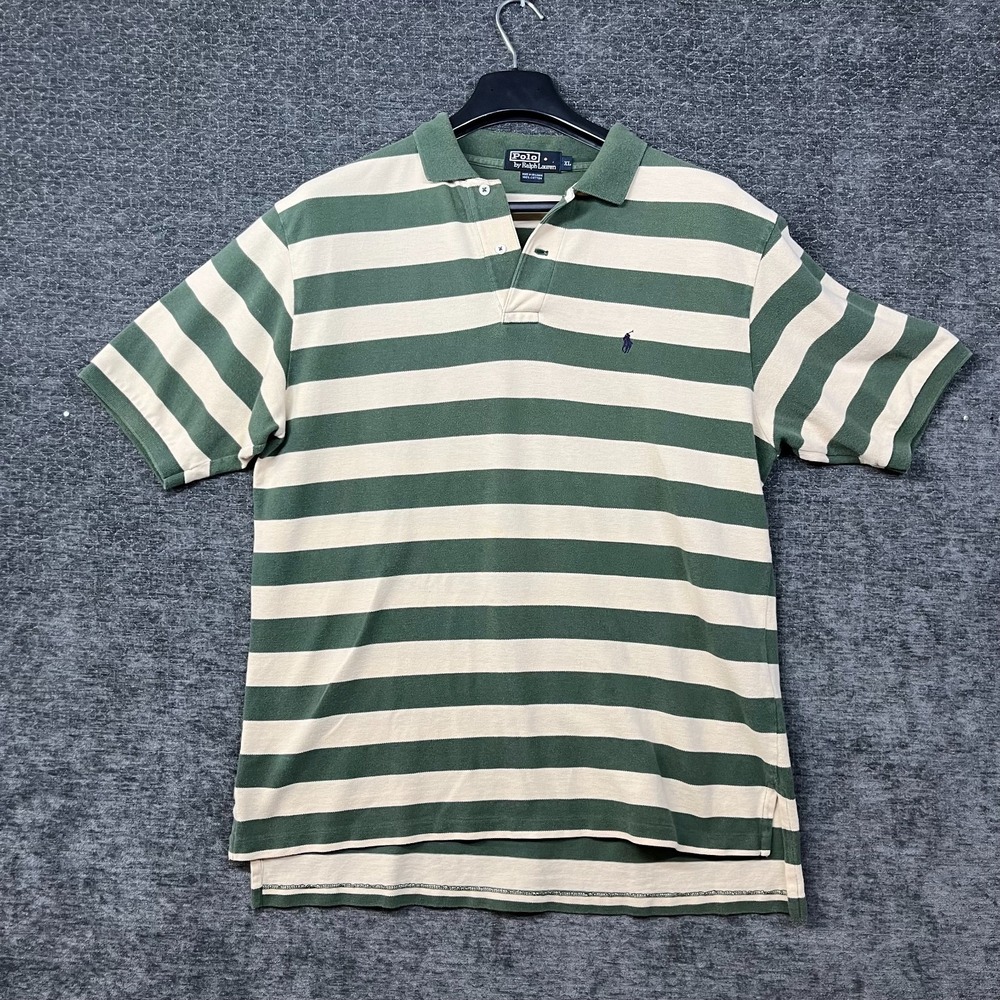 Polo Ralph Lauren Polo Shirt Men Green Cream Striped Pony Logo Short Sleeve - XL